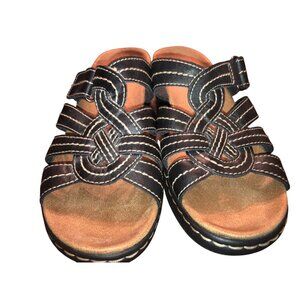 Clarks Womens Black Leather Strappy Slide Sandals With Stitch Detailing Size 7.5